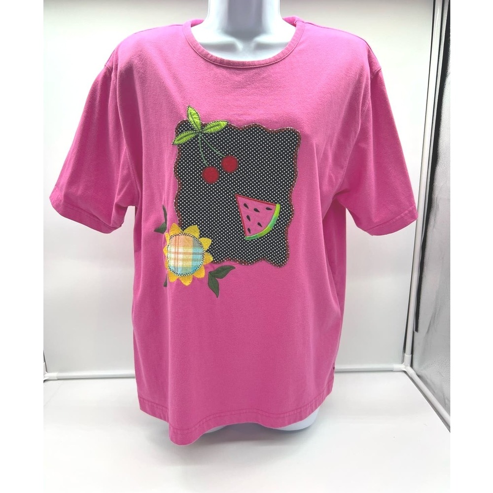 Renee M Sport Pink Applique Fruit T Shirt Watermelon Cherry L Cottagecore Folk
